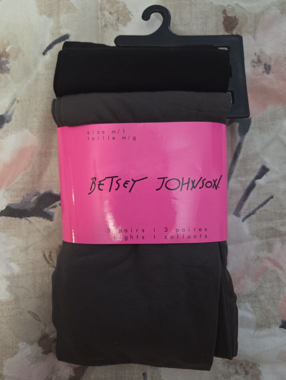 NWT Betsey Johnson 3 Pack of Womens Tights M/L 2 Black 1 Gray Nylon Spandex